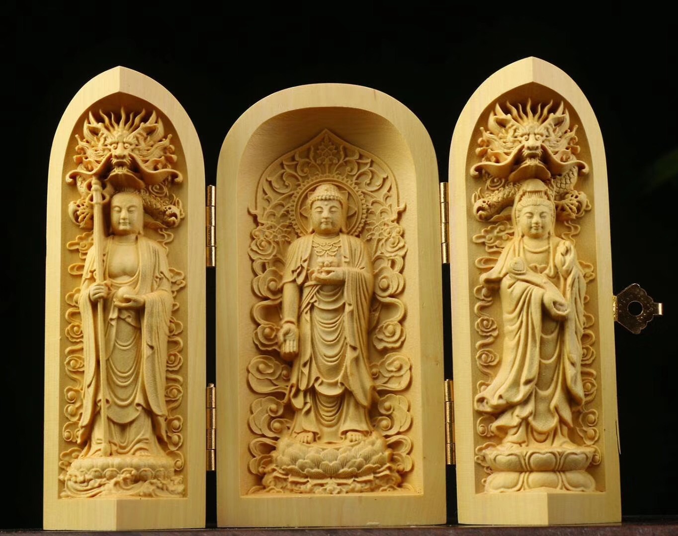 黄杨木三开盒木雕摆件随身佛龛福禄寿佛像摆饰木质工艺品厂家批发