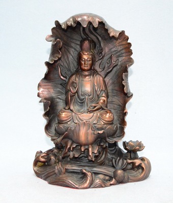 开光纯铜荷叶观音摆件黄铜佛像保平安佛教家居工艺品摆设风水平安